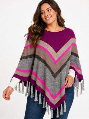 Rebecca Taylor Cashmere Wool Fringe Poncho OS Pink Chevron Stripe NWT
